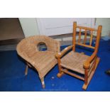 A children's wicker chair and string seated rocking chair.