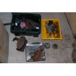 A quantity of drill bits, cobblers lasts, metalware etc,
