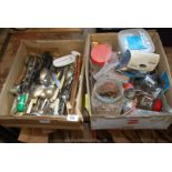Two boxes of cutlery, nails, hardware fixings etc.