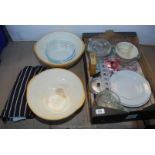 Two T.G. Green mixing bowls, kitchen glassware, oven gloves etc.