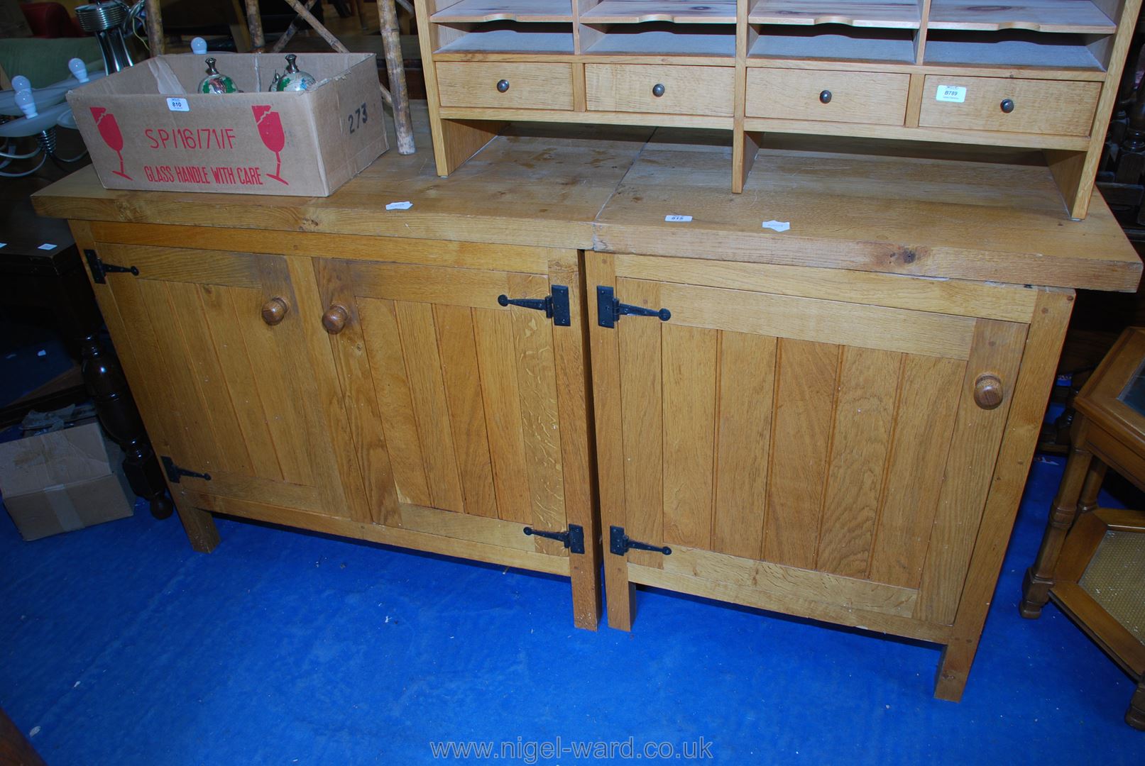 A two door purpose made kitchen base unit, 72 1/2" long x 35 1/2" high x 25" deep.