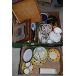 Three boxes of breakfast china, trays, a biscuit barrel etc.
