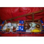 Two boxes of glass vases, carnival glass, teapots and an artists easel.