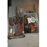 A quantity of clock parts, bobbin furniture knobs and a box of glass vases etc.