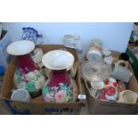 Two boxes of china, cake stand, large vases a/f., tankards etc.