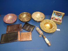 A quantity of miscellanea including wallets, stress balls, oriental bowls and script holder.