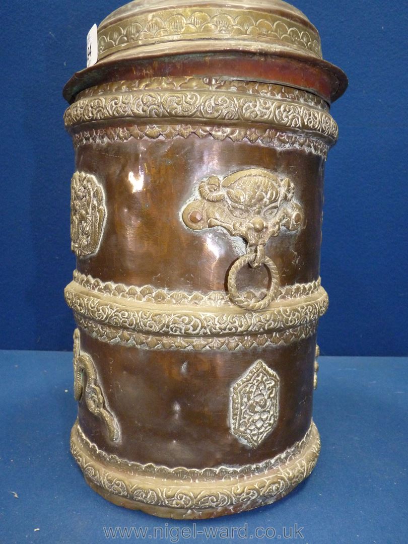 A brass and copper Tibetan scroll holder or canister for tobacco or tea, decorated with dragons, - Image 3 of 3