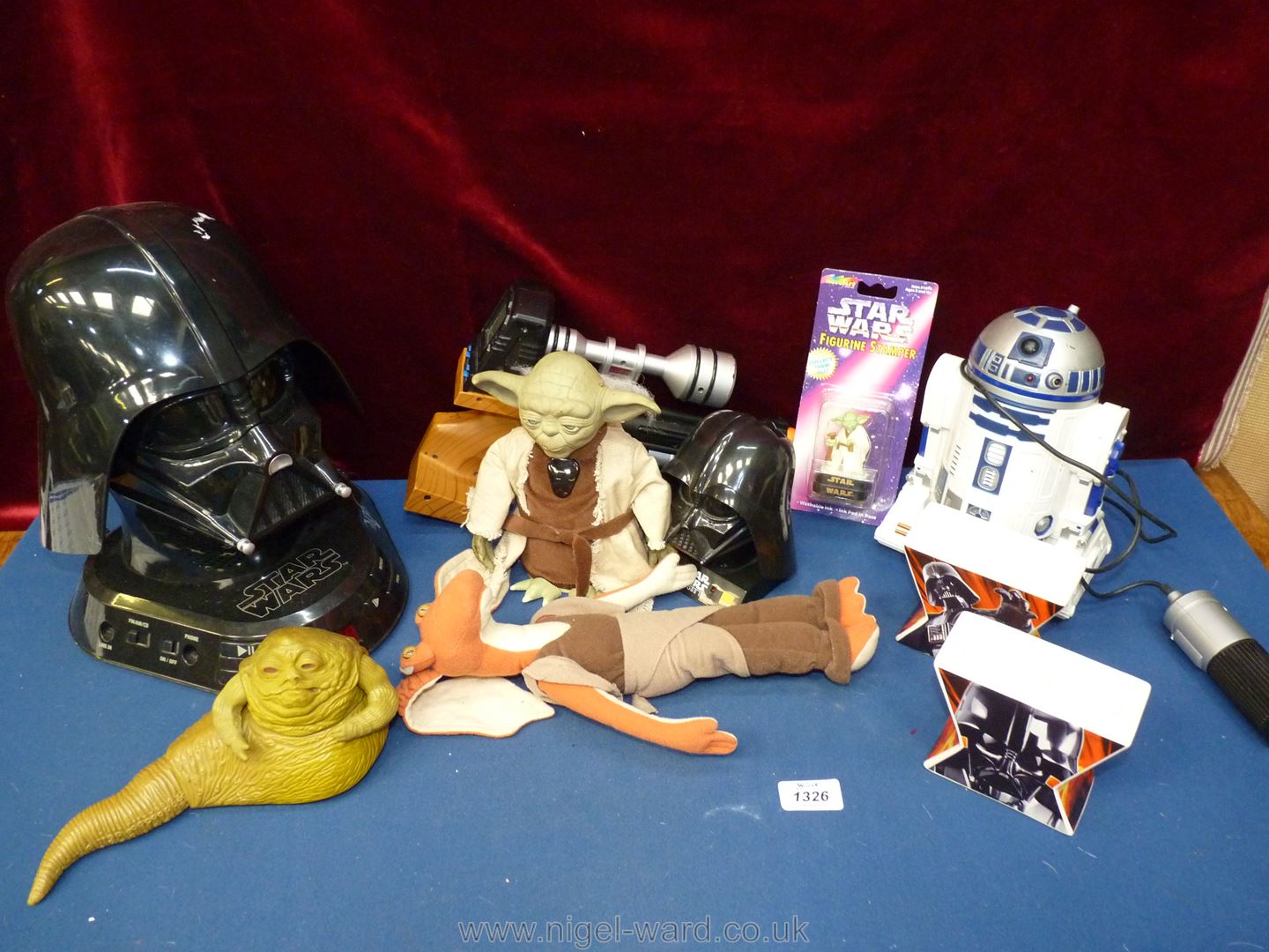 A large box of Star Wars including Darth Vedar Head radio, Yoda Jabba the Hutt,