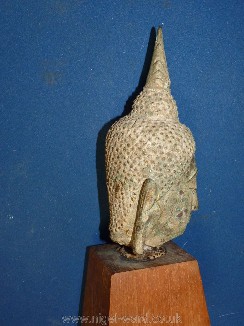 An old Thai Buddha head, mounted on wood stand, head 7'' tall , - Image 3 of 6