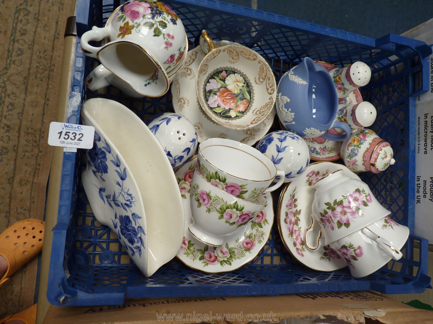 A small quantity of china including Crown Staffordshire cruet set, Queen Anne cups and saucers,