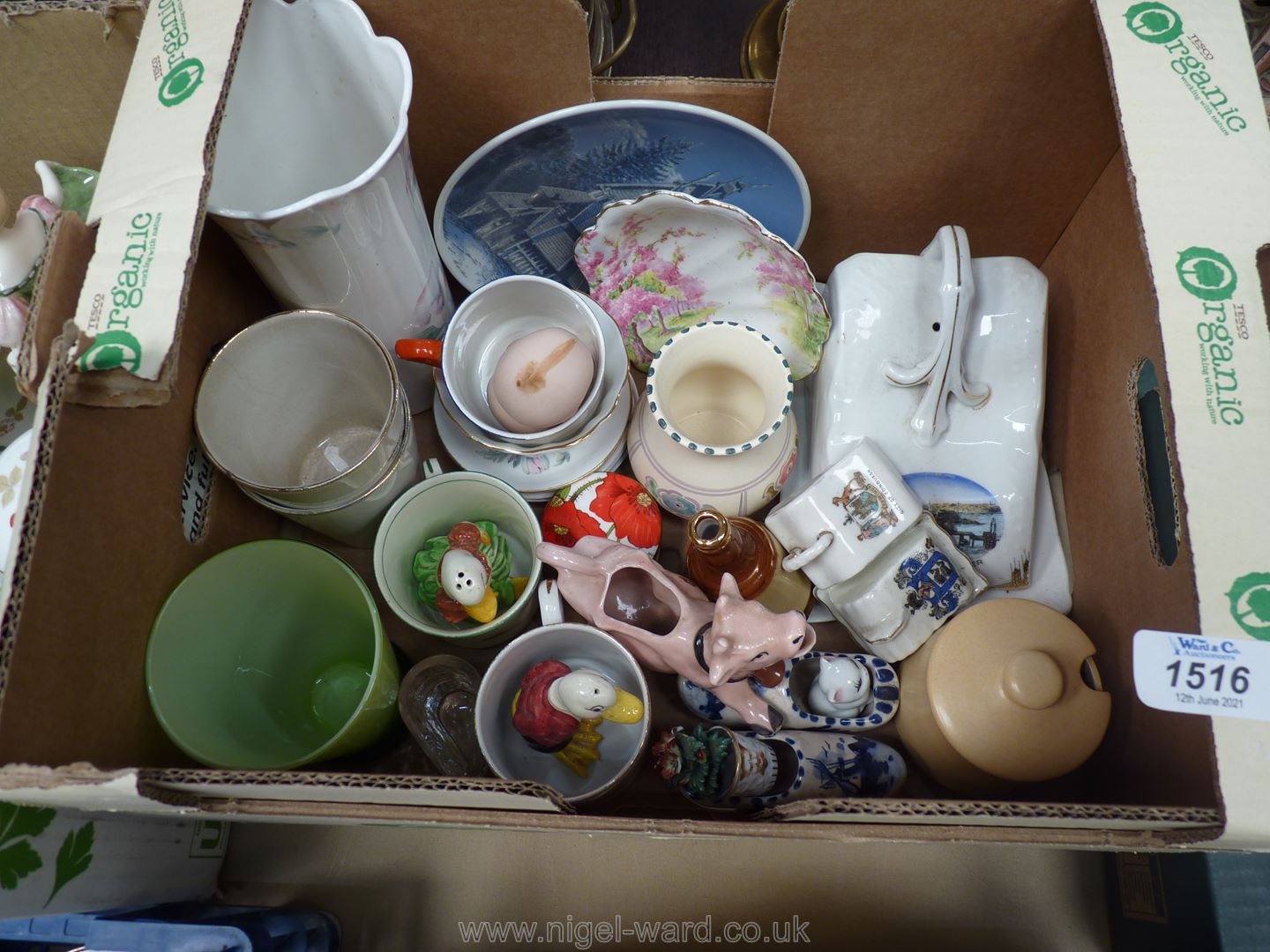 A quantity of china including novelty duck, salt & pepper, nursery cups and beakers (some a/f),