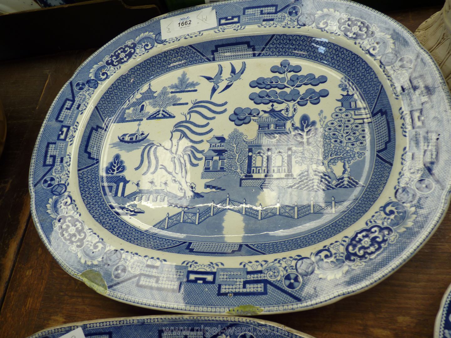 A large blue and white Staffordshire chinoiserie meat Plate,