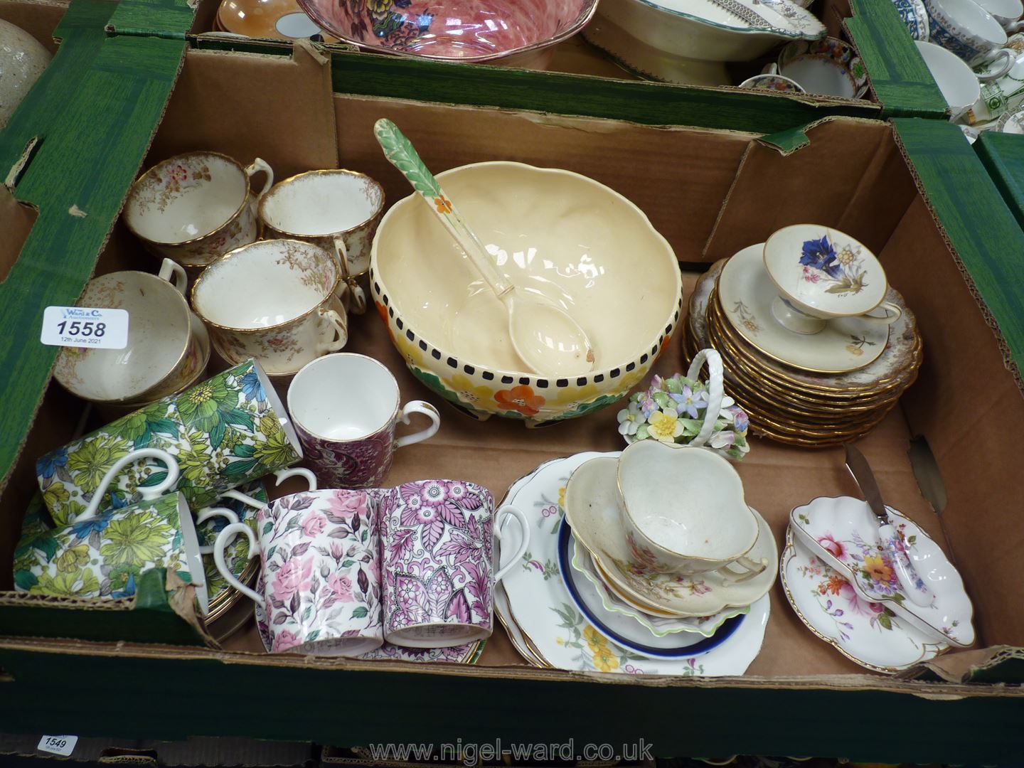 A box of china including John Maddock & Sons 'Sunset ware' bowl and matching ladle a/f,