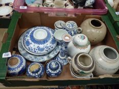 A box of blue & white china to include hot water plate, candlestick, ginger jars, two cups,