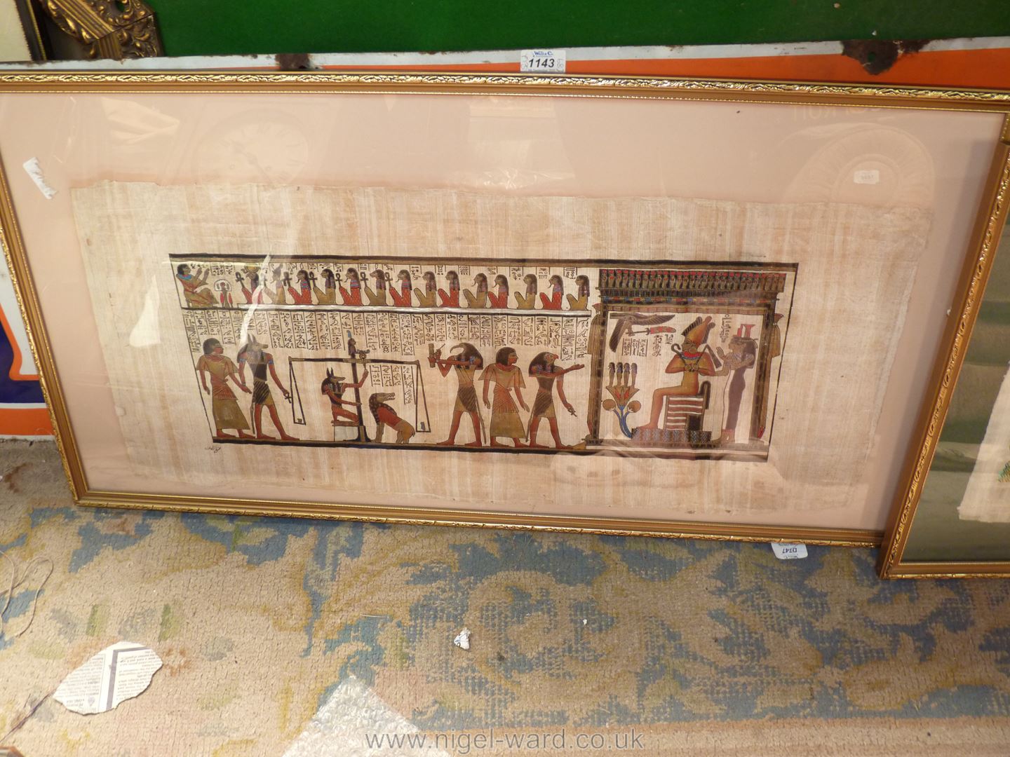 Two framed Papyrus pictures of Egyptian scenes, image sizes 17'' x 13'' and 31'' x 13 1/2''. - Image 3 of 3