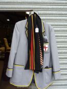 A gent's grey Bembridge School blazer with badge and house colours ribbon trim of navy and yellow,