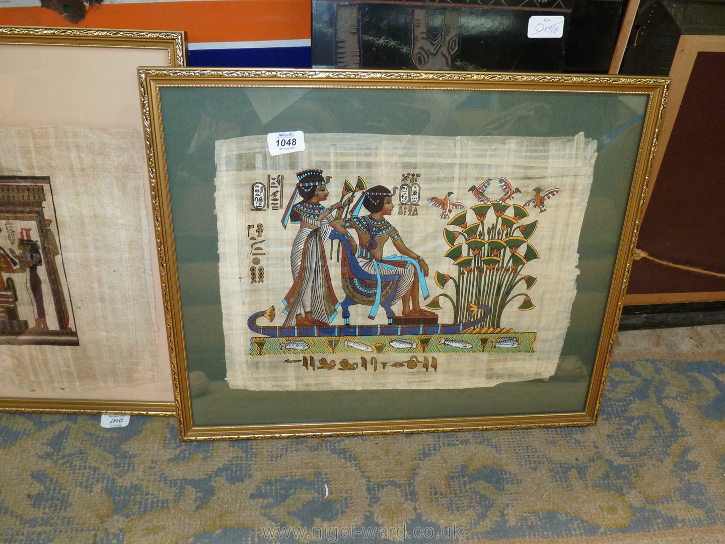Two framed Papyrus pictures of Egyptian scenes, image sizes 17'' x 13'' and 31'' x 13 1/2''. - Image 2 of 3