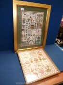 A tapestry Sampler worked by Johanna Anderson, 1884, 17'' x 16'' wide and another by H.