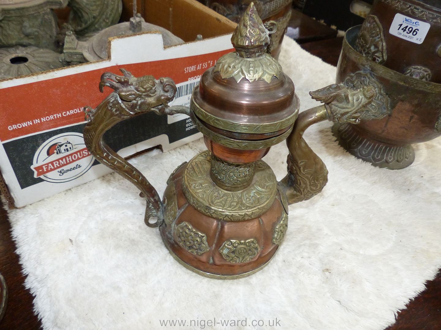 A small copper and brass ceremonial Dragon teapot with lid on chain, - Image 4 of 7