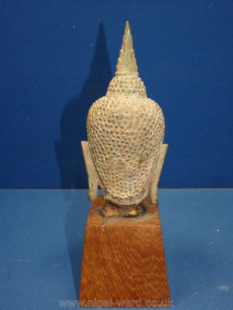 An old Thai Buddha head, mounted on wood stand, head 7'' tall , - Image 2 of 6