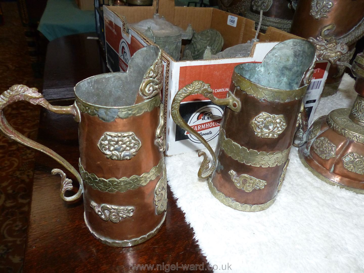 A small copper and brass ceremonial Dragon teapot with lid on chain, - Image 3 of 7