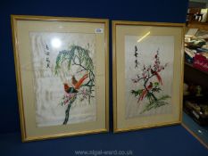 A pair of oriental embroidered silks, birds on trees, one glass has broken, 10 1/2" x 16 1/2".