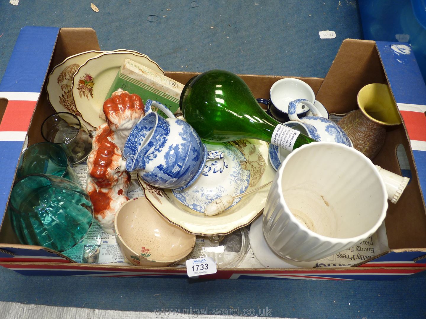 A box of china including blue and white jugs, pair of Staffordshire mantle Spaniels, - Image 2 of 2