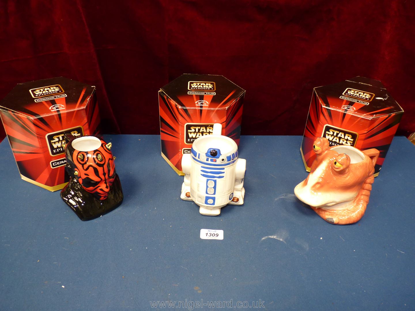 Three boxed ceramic mugs of Star Wars Episode 1 and characters Zargar Bing, R2-D2 and Darth Maul.