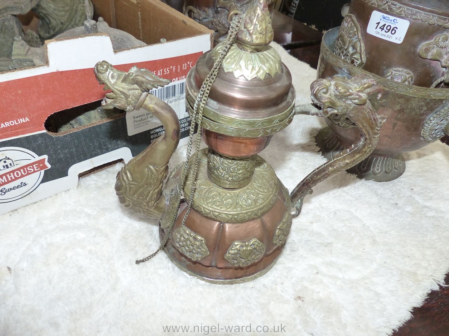 A small copper and brass ceremonial Dragon teapot with lid on chain, - Image 5 of 7