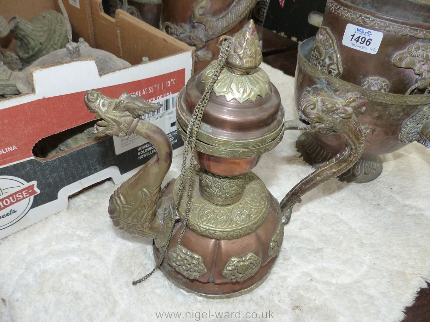 A small copper and brass ceremonial Dragon teapot with lid on chain, - Image 6 of 7