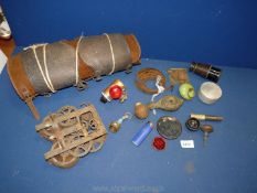 A box of vintage miscellanea including leather and suede gaiters, monocular,