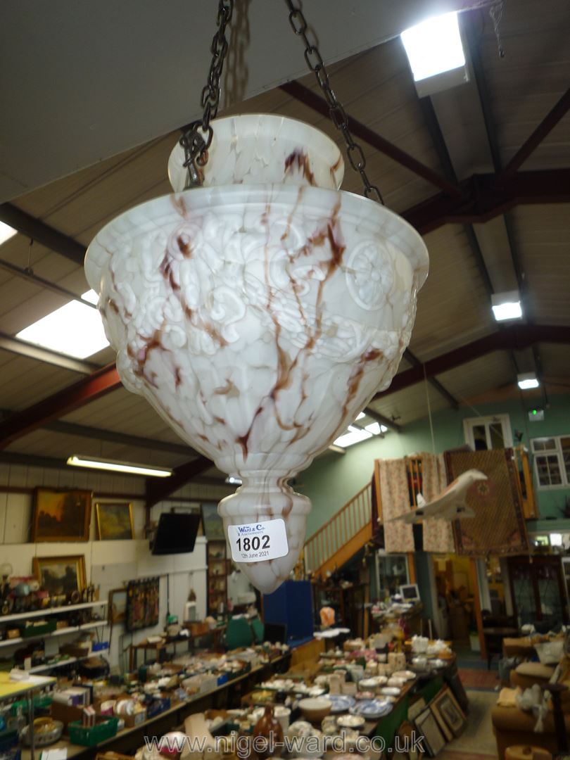 A hanging glass lamp shade in brown and white mottled tones with embossed rope decoration. - Image 3 of 4