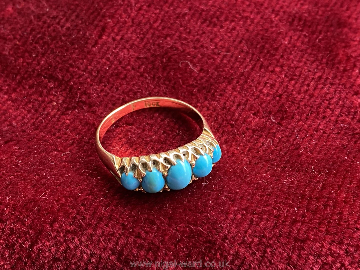 An 18 ct gold Ring set with five turquoise graduated stones, - Image 5 of 5