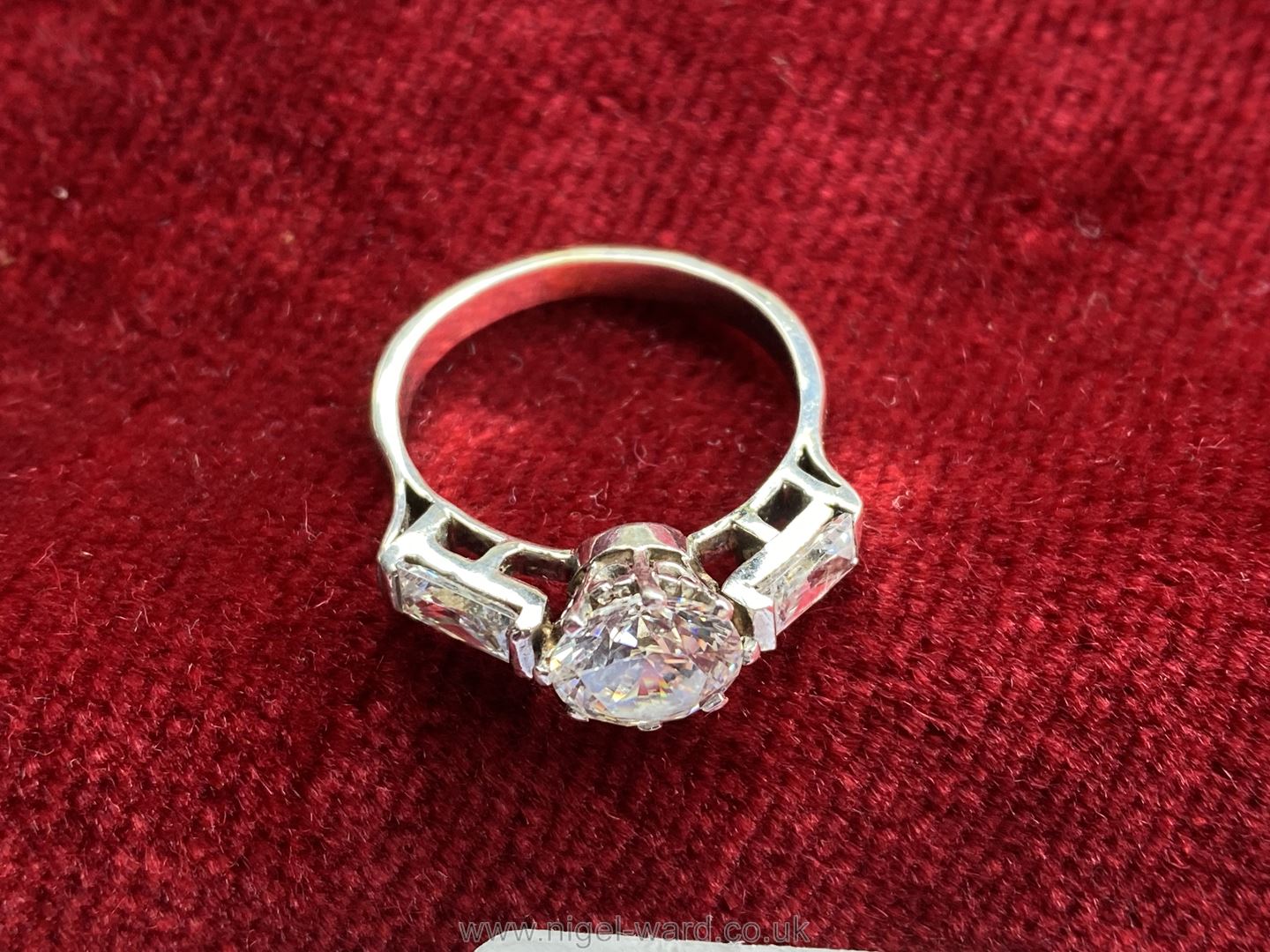 A white gold Cubic Zirconia Ring set with three stones. Ring size "P". - Image 3 of 4