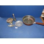 A copper frying pan, small pewter plate, scoop etc.