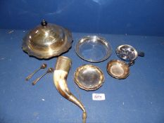 A tray of epns items including lidded dish, horned carrying vessel, tea strainer,