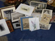**A box of artwork's to include original watercolours, cartoons, old hand coloured prints,