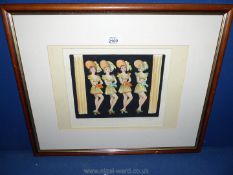 An art deco, coloured, etched Lithograph of a chorus line, pencil signed Gilbert.