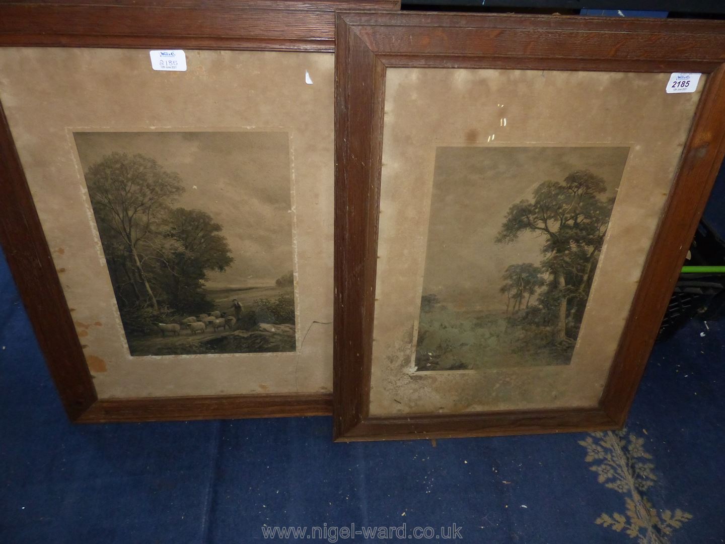 A pair of Edwardian oak framed Prints, Sheep Herding and Wooded Landscape. - Image 4 of 4