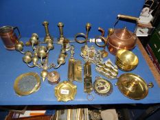 A quantity of brass and copper including teapot, ship bookends, dishes, scales etc.