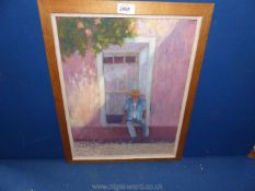 A wooden framed Oil on board depicting a gentleman sat on a window ledge, initialled J.D.