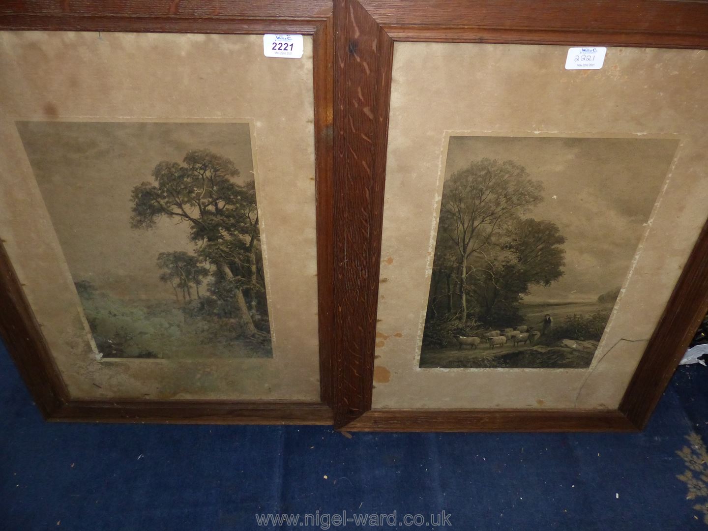 A pair of Edwardian oak framed Prints, Sheep Herding and Wooded Landscape.