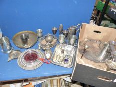 A box of plated items to include charger, coffee pot, candlestick, condiment sets, goblets,