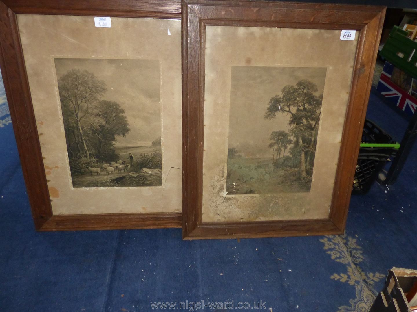 A pair of Edwardian oak framed Prints, Sheep Herding and Wooded Landscape. - Image 3 of 4