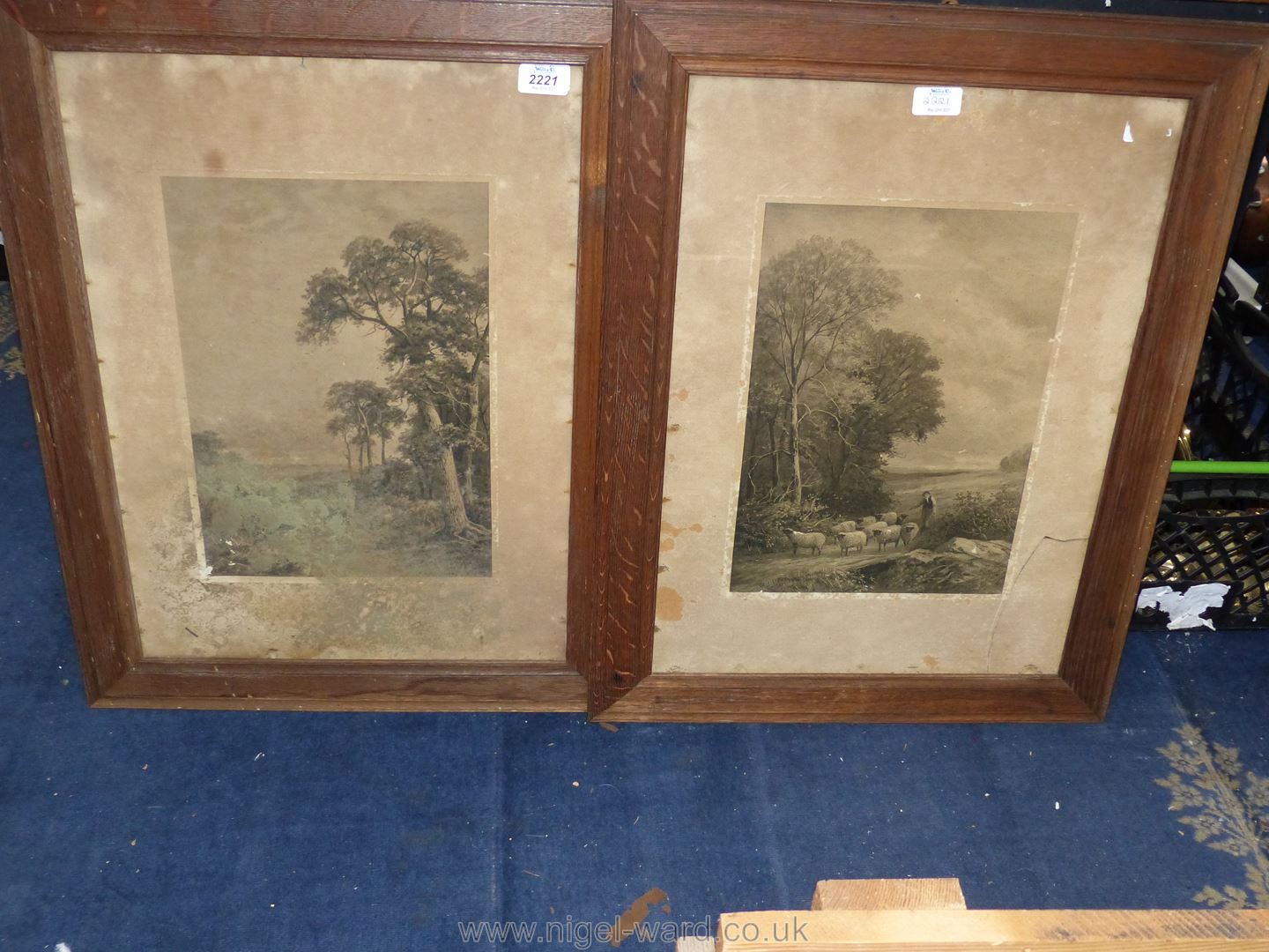 A pair of Edwardian oak framed Prints, Sheep Herding and Wooded Landscape. - Image 2 of 4