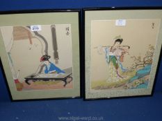 Two framed Oriental Prints on fabric, one of a lady in a garden, the other of lady sat painting,
