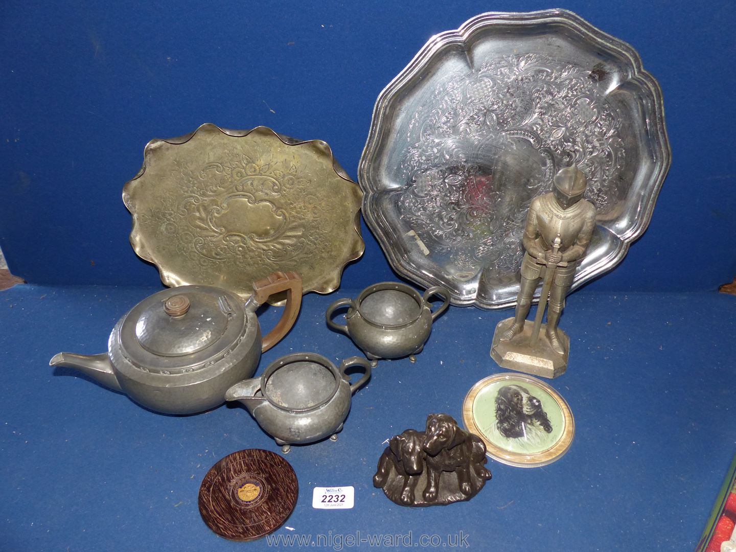 A three piece Pewter Teaset etc