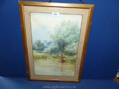 A framed and mounted Watercolour depicting a river scene with a church amongst trees,