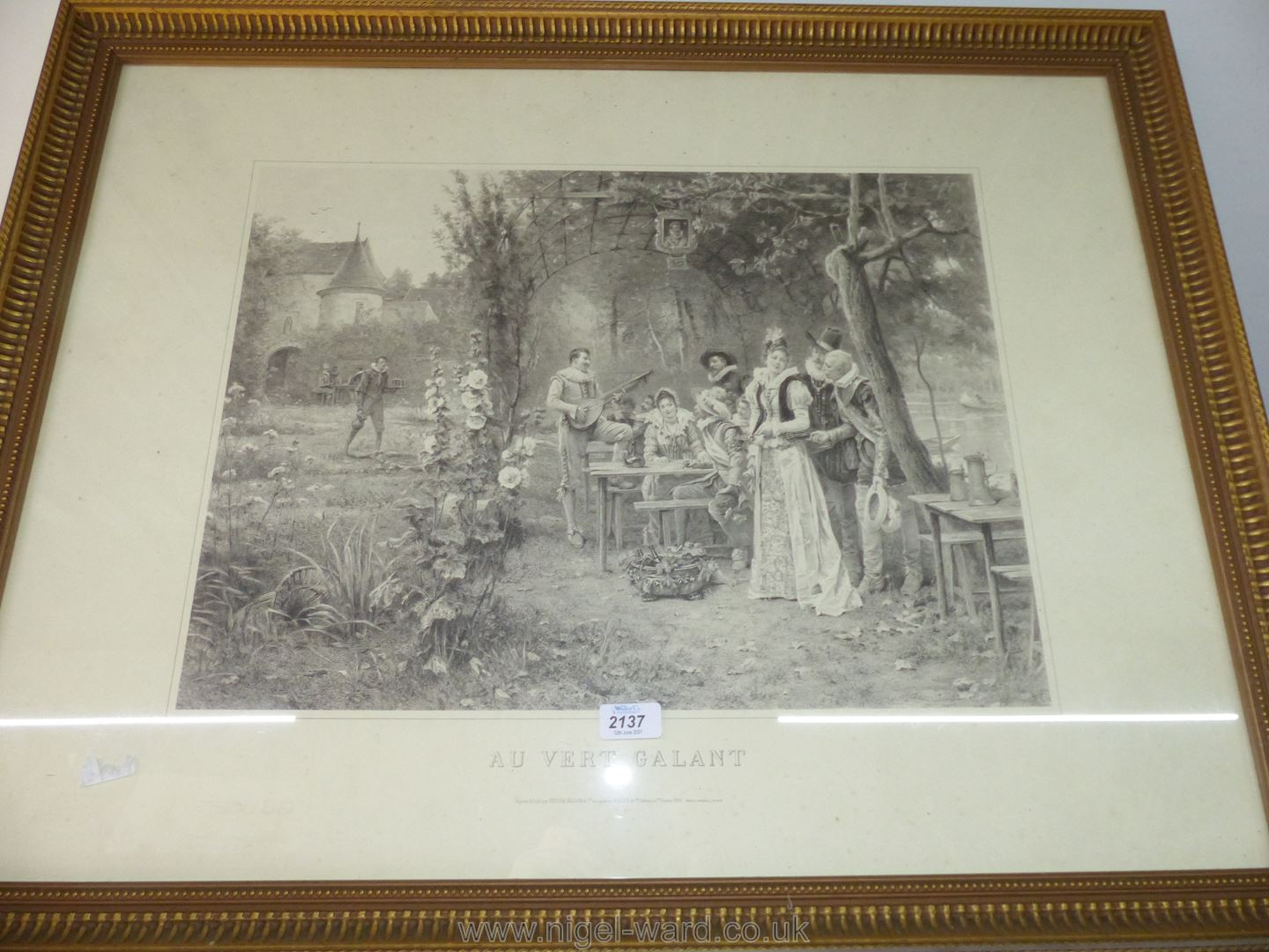 A large gilt framed Etching ''Au Vert Galant'',