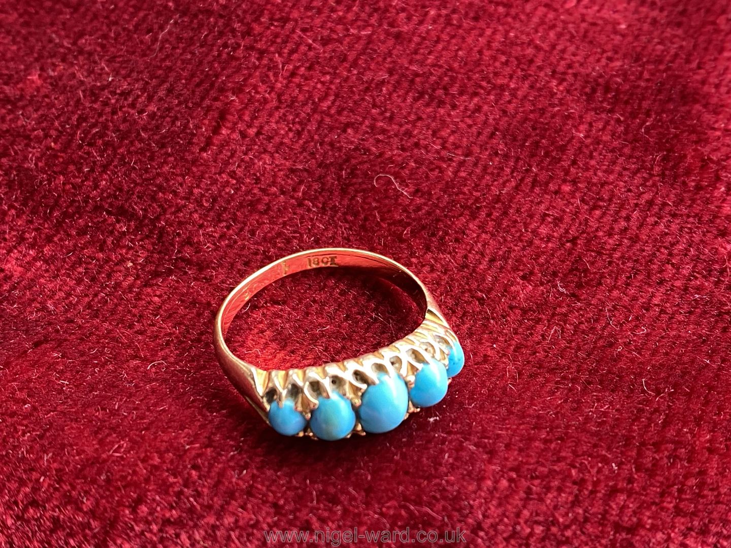 An 18 ct gold Ring set with five turquoise graduated stones, - Image 4 of 5